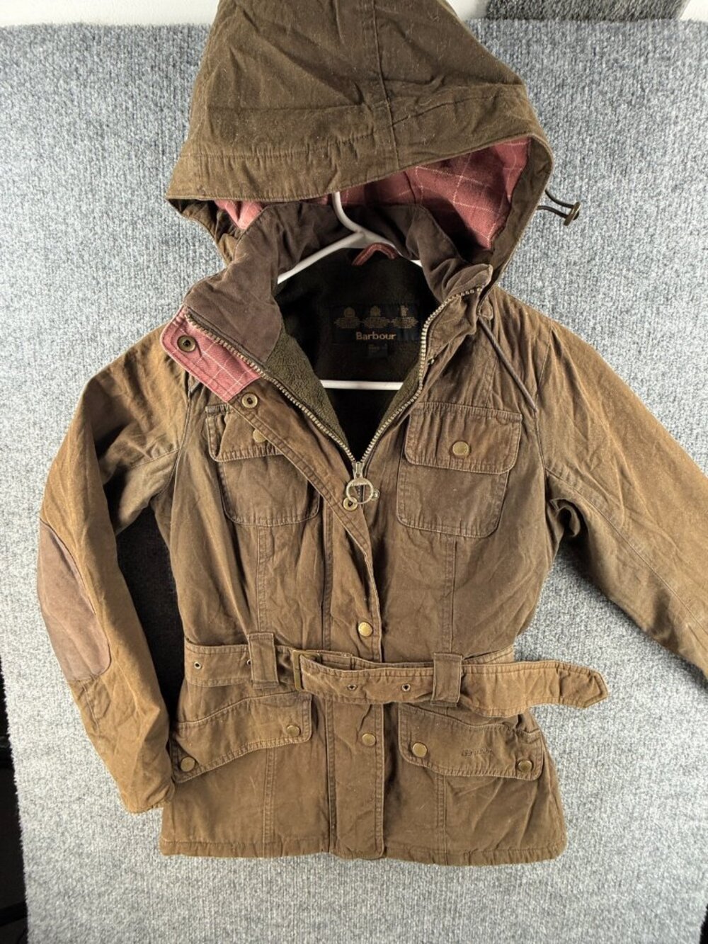 Barbour Equine Waxed Jacket Women Fleece Lined Hooded Size 4 US Zip Brown Belted
